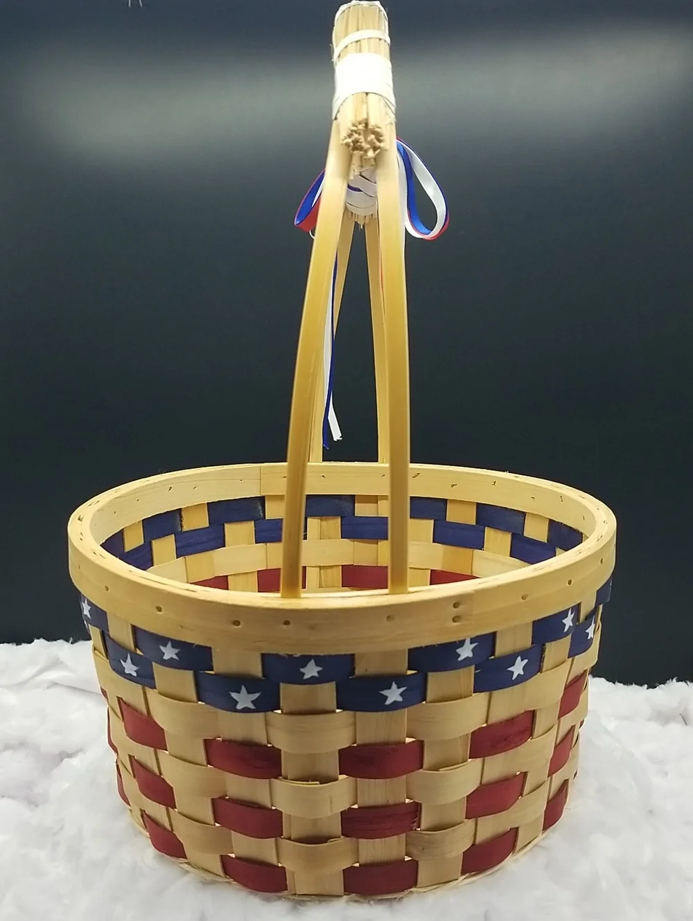Vintage Handmade Round with Handle Red, White & Blue USA Flag Patriotic Basket